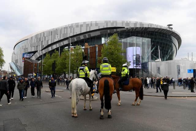 Police on horseback are seen outside the Tottenham Hotspur Stadium. (Photo by Mike Hewitt/Getty Images)