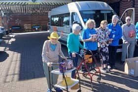 Residents Irene Pringle, Carole Crate, Bernadette Miller and Alan Hermiston from the care home alongside Erica Stott, Wellbeing Coordinator at HC-One’s Ashington Grange visiting the Daft as a Brush Cancer Patient Care Head Office to drop off an Easter egg donation