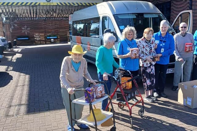 Residents Irene Pringle, Carole Crate, Bernadette Miller and Alan Hermiston from the care home alongside Erica Stott, Wellbeing Coordinator at HC-One’s Ashington Grange visiting the Daft as a Brush Cancer Patient Care Head Office to drop off an Easter egg donation