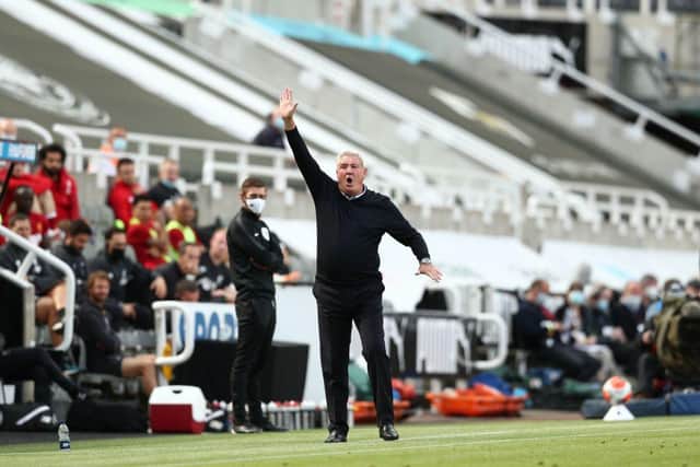 Newcastle United's English head coach Steve Bruce (C) gestures during the English Premier League football match between Newcastle United and Liverpool at St James' Park in Newcastle-upon-Tyne, north east England on July 26, 2020.
