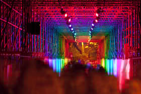 RAINBOW, Deadgood Studio, LUMIERE 2011, produced by Artichoke in Durham. Photo Matthew Andrews
Newcastle design studio Deadgood transform the scaffolded Prebends bridge into a walk-in rainbow.