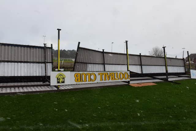 Damage to the stands at Northern League club Boldon CA by Storm Arwen on Saturday.