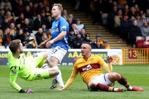 MOTHERWELL, SCOTLAND - APRIL 07: Scott Arfield of Rangers scores his team's first goal during the Scottish Ladbrokes Premiership match between Motherwell and Rangers at Fir Park on April 07, 2019 in Motherwell, Scotland. (Photo by Ian MacNicol/Getty Images)