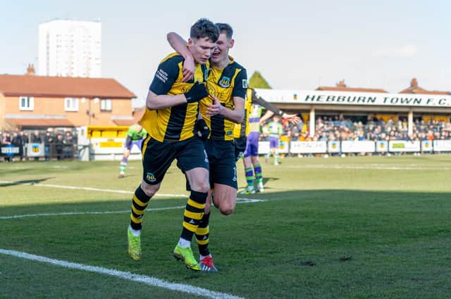 Cedwyn Scott celebrates a goal during Hebburn Town's victory.