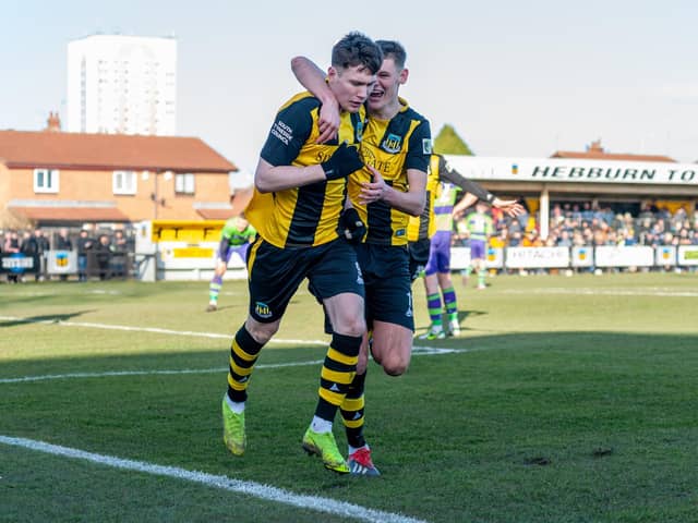 Cedwyn Scott celebrates a goal during Hebburn Town's victory.