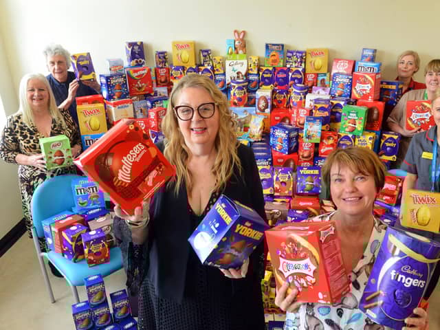 Hope 4 Kidz chief executive Viv Watts with some of the Easter Eggs distributed at Sunderland Royal Hospital last year with healthcare assistant Helen Hudson.