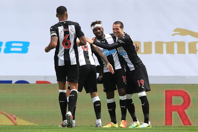 NEWCASTLE UPON TYNE, ENGLAND - JUNE 21: Allan Saint-Maximin of Newcastle United celebrates after scoring his sides first goal during the Premier League match between Newcastle United and Sheffield United at St. James Park on June 21, 2020 in Newcastle upon Tyne, England.