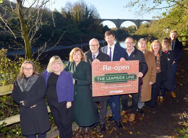 (from left) Catherine Massarella, Nexus Head of Network Development; Liz Twist, MP for Blaydon; North East Local Enterprise Partnership chair Lucy Winskill OBE; John Marshall, chair of the North East of England Chamber of Commerce; Transport North East managing director Tobyn Hughes; Sedgefield MP Paul Howell; Coun  Martin Gannon; Sharon Hodgson MP; Northern Powerhouse Partnership Deputy Director Sarah Mulholland and CBI deputy director Matt Bratton with the Victoria Viaduct which carries the Leamside Line