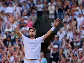 Cameron Norrie celebrates his win over David Goffin in the Wimbledon quarter-final. (Photo by Justin Setterfield/Getty Images)