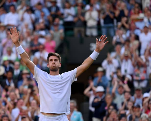 Cameron Norrie celebrates his win over David Goffin in the Wimbledon quarter-final. (Photo by Justin Setterfield/Getty Images)