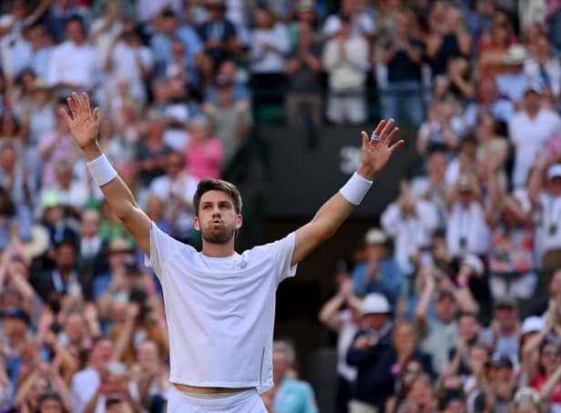 Cameron Norrie celebrates his win over David Goffin in the Wimbledon quarter-final. (Photo by Justin Setterfield/Getty Images)