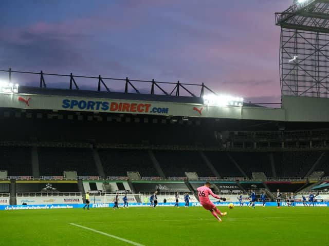 A general view of the sun setting behind St James' Park, from the Leazes end of the stadium during the second half of the Premier League match between Newcastle United and Leicester City at St. James Park on January 03, 2021 in Newcastle upon Tyne, England.