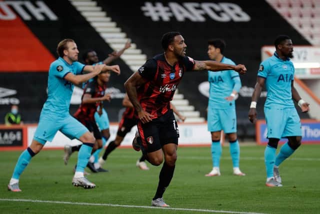 Bournemouth's English striker Callum Wilson (C) reacts to a goal then disallowed for a handball  during the English Premier League football match between Bournemouth and Tottenham Hotspur at the Vitality Stadium in Bournemouth, southern England, on July 9, 2020.
