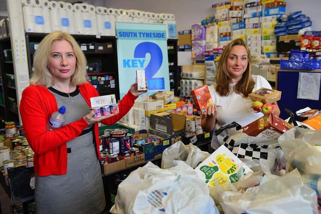 South Shields MP Emma Lewell-Buck and Jo Benham-Brown from Key Project in the Key 2 Life Food Bank. Picture by FRANK REID.