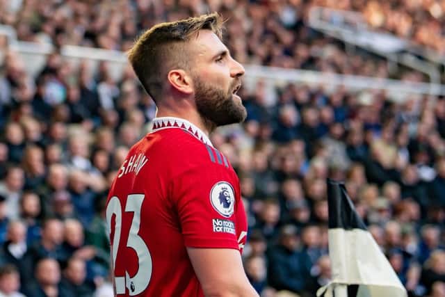 Luke Shaw of Manchester United reacts during the Premier League match between Newcastle United and Manchester United at St. James Park on April 02, 2023 in Newcastle upon Tyne, England. (Photo by Ash Donelon/Manchester United via Getty Images)
