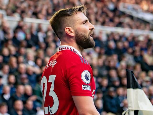 Luke Shaw of Manchester United reacts during the Premier League match between Newcastle United and Manchester United at St. James Park on April 02, 2023 in Newcastle upon Tyne, England. (Photo by Ash Donelon/Manchester United via Getty Images)