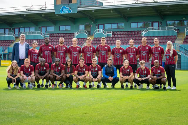 South Shields men and women's teams pose in the new home kit