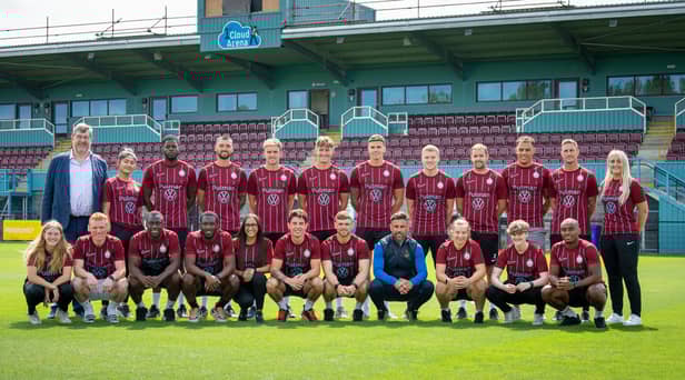 South Shields men and women's teams pose in the new home kit