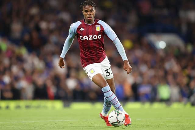 Carney Chukwuemeka of Aston Villa runs with the ball during the Carabao Cup Third Round match between Chelsea and Aston Villa at Stamford Bridge on September 22, 2021 in London, England. (Photo by James Chance/Getty Images)