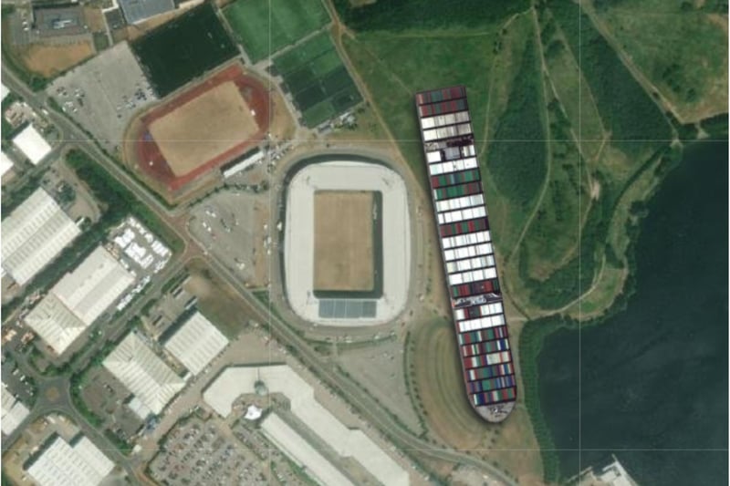 Game on....the huge ship compared to the Keepmoat Stadium.