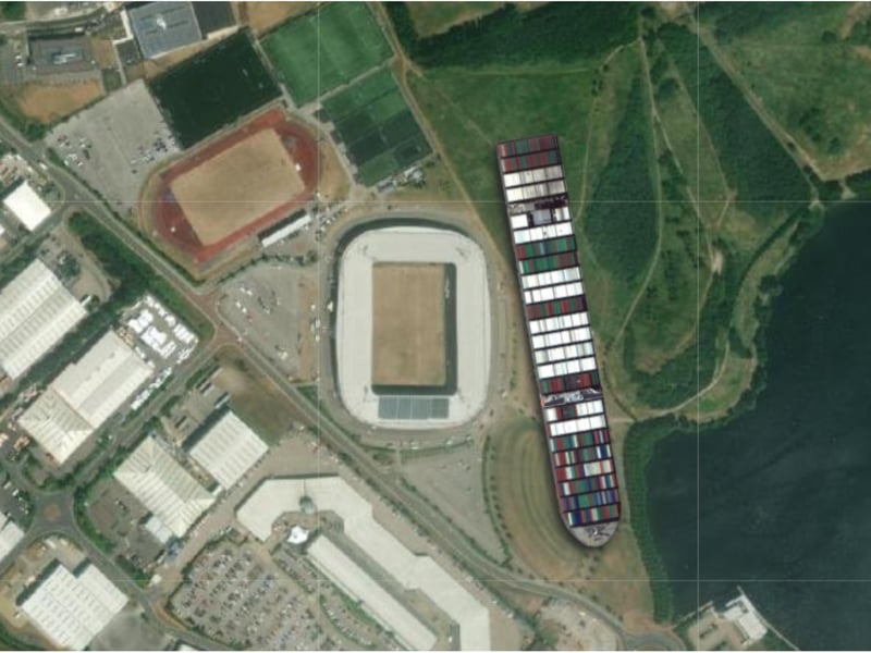 Game on....the huge ship compared to the Keepmoat Stadium.