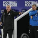 Newcastle United's English head coach Steve Bruce (L) gestures during the English Premier League football match between Leicester City and Newcastle United at King Power Stadium in Leicester, central England on May 7, 2021.