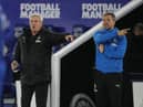 Newcastle United's English head coach Steve Bruce (L) gestures during the English Premier League football match between Leicester City and Newcastle United at King Power Stadium in Leicester, central England on May 7, 2021.