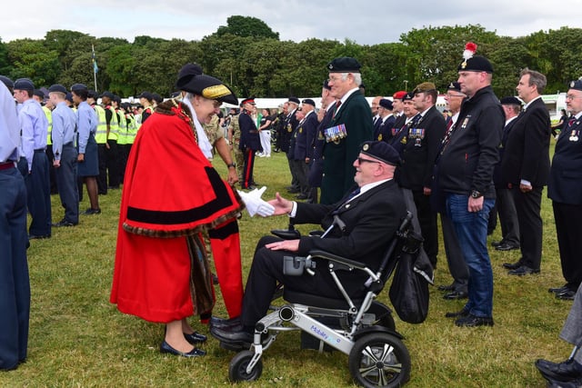 The Mayor of South Tyneside Cllr Pat Hay inspecting troops at the Armed Forces day event in Bents Park.