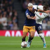 Yves Bissouma of Tottenham Hotspur battles for possession with Newcastle United's Bruno Guimaraes, who became a father last week.