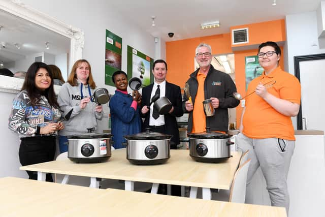 David Pearson (centre), manager at Newcastle Building Society's South Shields branch, with members of the Hospitality & Hope team, including chief executive officer Brian Thomas (one from right).