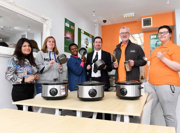 David Pearson (centre), manager at Newcastle Building Society's South Shields branch, with members of the Hospitality & Hope team, including chief executive officer Brian Thomas (one from right).