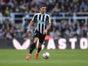 Newcastle player Fabian Schar in action during the Premier League match between Newcastle United and Manchester United at St. James Park on April 02, 2023 in Newcastle upon Tyne, England. (Photo by Stu Forster/Getty Images)