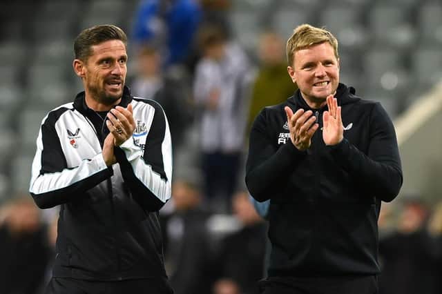 Newcastle United head coach Eddie Howe, right, and assistant Jason Tindall.