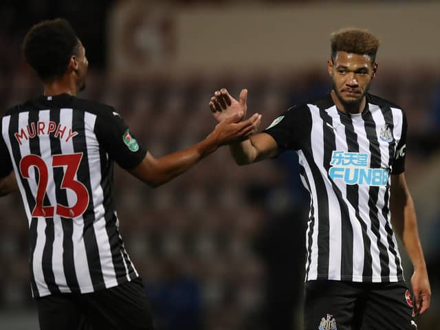 Joelinton celebrates his second goal.