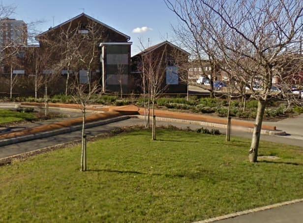 The pick axe-shaped miners' memorial in Jarrow in 2008. Picture c/o Google Streetview.