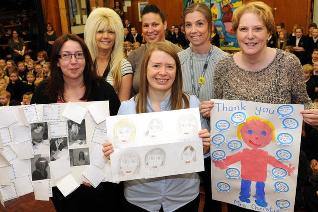 Bede Burn Primary School teaching assistants, left to right, Lisa Welsh, Karen Richardson, Natalie Kiely, Moyra Riley, Su Arthur and Jane Parkes, with thank you posters made by pupils to celebrate National Teaching Assistants Day in 2013.