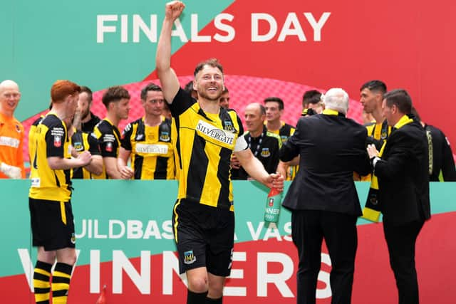 Hebburn Town's Louis Storey (centre) celebrates after victory in the Buildbase FA Vase 2019/20 Final after the final whistle at Wembley Stadium, London.