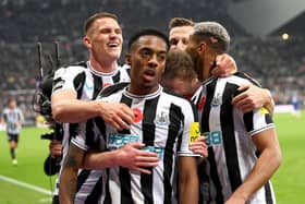 Joe Willock of Newcastle United celebrates after scoring their team's first goal during the Premier League match between Newcastle United and Chelsea FC at St. James Park on November 12, 2022 in Newcastle upon Tyne, England. (Photo by Stu Forster/Getty Images)