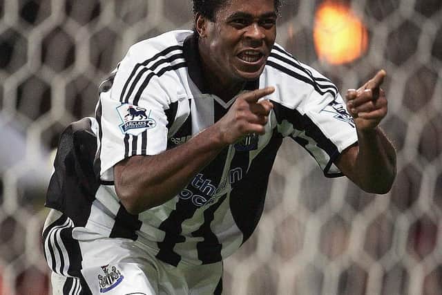 Patrick Kluivert celebrates scoring for Newcastle United against Crystal Palace in 2004.