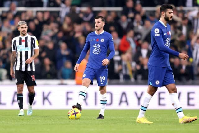 Mason Mount of Chelsea reacts after Joe Willock of Newcastle United scored their team's first goal during the Premier League match between Newcastle United and Chelsea FC at St. James Park on November 12, 2022 in Newcastle upon Tyne, England. (Photo by George Wood/Getty Images)