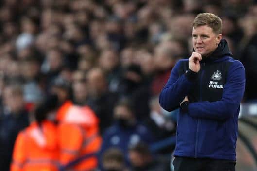 Eddie Howe (L), Manager of Newcastle United looks on during the Premier League match between Leeds United  and  Newcastle United at Elland Road on January 22, 2022 in Leeds, England. (Photo by George Wood/Getty Images)