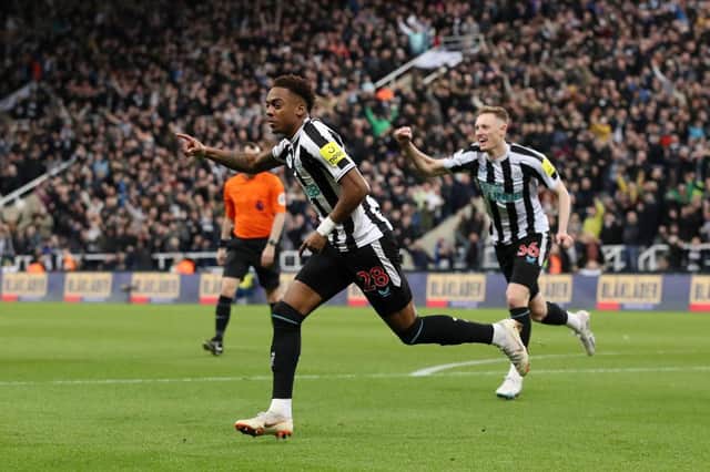 Joe Willock of Newcastle United celebrates after scoring a goal which is later disallowed during the Premier League match between Newcastle United and West Ham United at St. James Park on February 04, 2023 in Newcastle upon Tyne, England. (Photo by George Wood/Getty Images)