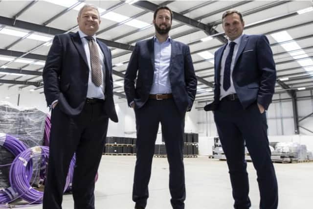 L-R: Russell Taylor, HTA Real Estate, Antonio Henarejos, IQA Elecnor with Gavin Cordwell-Smith of Hellens Group at the new HQ for IQA Elecnor at Monkton Business Park.