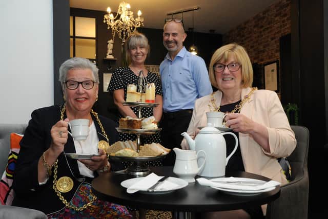 The Mayor of South Tyneside Cllr Pat Hay and Mayoress Mrs Jean Copp with The Clifton's Liz and Scott Carlucci, celebrating the hotel's coffee shop being listed in the UK's top 20.