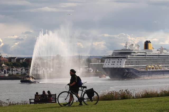 The Spirit of Adventure leaves the River Tyne, with a tug water display to mark the occasion