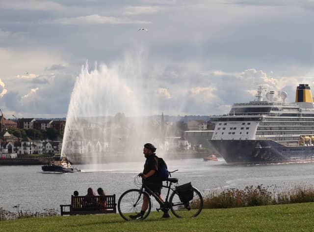 The Spirit of Adventure leaves the River Tyne, with a tug water display to mark the occasion