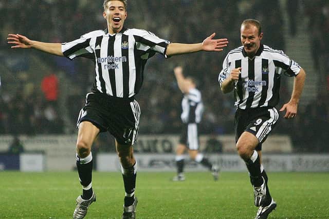 Darren Ambrose of Newcastle celebrates his equalising goal with Alan Shearer during the FA Barclays Premiership match between Bolton Wanderers and Newcastle at The Reebok Stadium on October 31, 2004 in Bolton, England. (Photo by Laurence Griffiths/Getty Images)