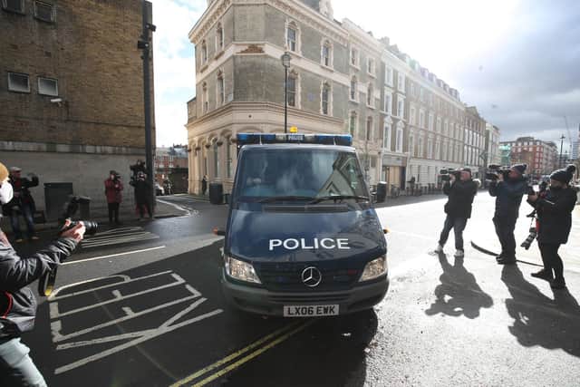 A police van arrives at Westminster Magistrates' Court, in London, where serving police constable Wayne Couzens appeared charged with murder and kidnapping related to the death of Sarah Everard. Picture: Steve Parsons/PA Wire.