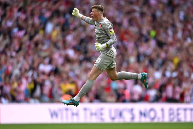 LONDON, ENGLAND - MAY 21: Anthony Patterson of Sunderland celebrates the 2nd goal during the Sky Bet League One Play-Off Final match between Sunderland and Wycombe Wanderers at Wembley Stadium on May 21, 2022 in London, England. (Photo by Justin Setterfield/Getty Images)