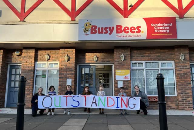 Staff and students at the Busy Bees Nursery in Cleadon celebrate their outstanding Ofsted judgement.